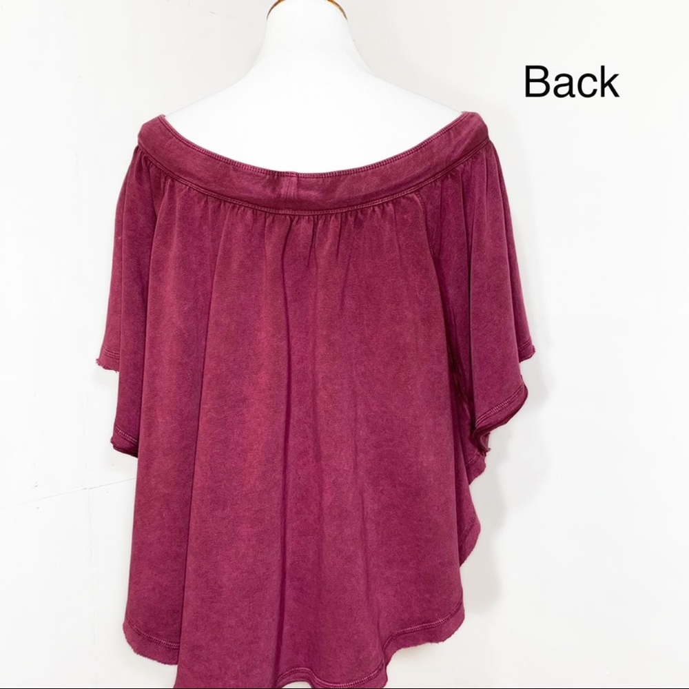 Free People Wine Draped Off The Shoulder Butterfly Sleeve Relaxed Fit Knit Top - Picture 4 of 9